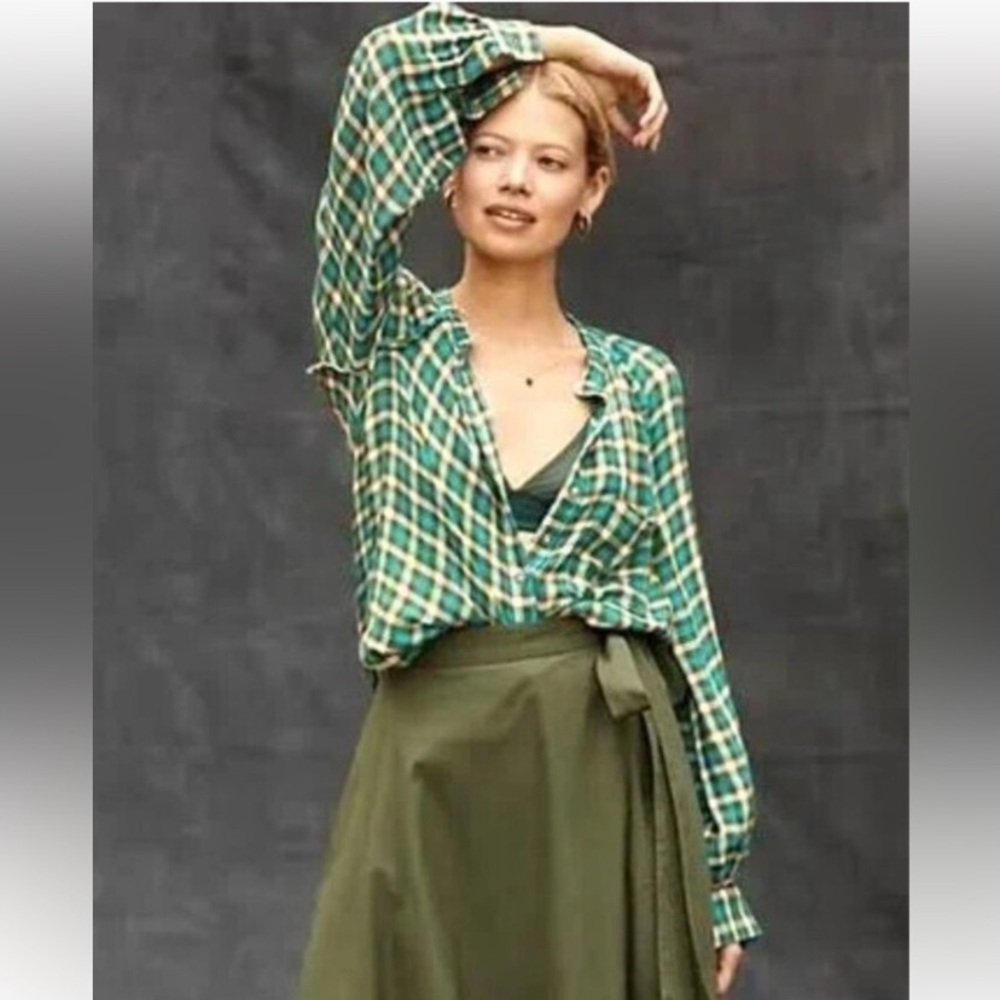 Anthropologie Pilcro Collarless Plaid Button Down Shirt